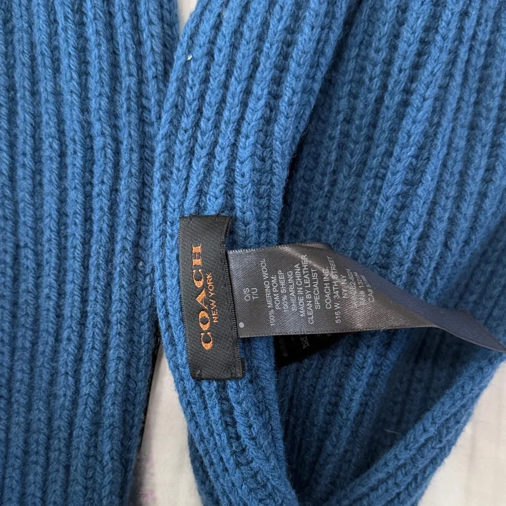 Coach blue Knit Scarf with Cream Pom Poms - Picture 2 of 2